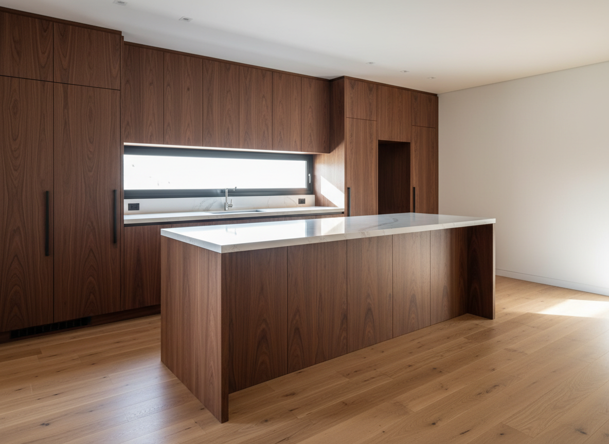A high-end custom kitchen in Florianópolis with extensive woodwork, showcasing floor-to-ceiling walnut cabinetry with vertical grain alignment, concealed handles, and perfectly aligned gaps. A large central island clad in the same wood features waterfall edges and precise mitered corners, contrasting with a light quartz countertop. The kitchen opens to a bright space with smooth light oak flooring. Natural daylight pours through a wide window above the sink, creating subtle reflections on the satin-finished wood and casting soft, directional shadows. Photographic realism, captured from a slightly elevated three-quarter angle to highlight the continuity of cabinetry and the precision of the joinery. The mood is professional, sophisticated, and orderly, suggesting a design-and-execution service that controls every detail from project to final installation.