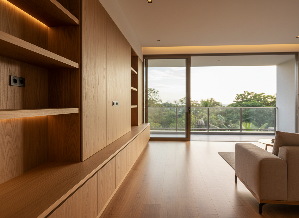 A meticulously crafted open-plan living room in Florianópolis featuring custom wood interiors, with a long, built-in solid oak media wall, integrated shelving, and low storage cabinets with seamless push-to-open fronts. Warm honey-toned hardwood flooring runs continuously through the space, reflecting soft afternoon coastal light from a large sliding glass door overlooking lush greenery. The scene is shot at eye level with photographic realism, showing crisp grain patterns, precise joinery, and flush transitions between panels. Subtle recessed LED lighting washes the ceiling and highlights the wood’s texture, creating a calm, professional, and inviting atmosphere. Background elements such as a minimalist neutral sofa and a blurred balcony rail keep focus on the carpentry, with sharp focus in the foreground and slightly softened depth toward the back of the room.