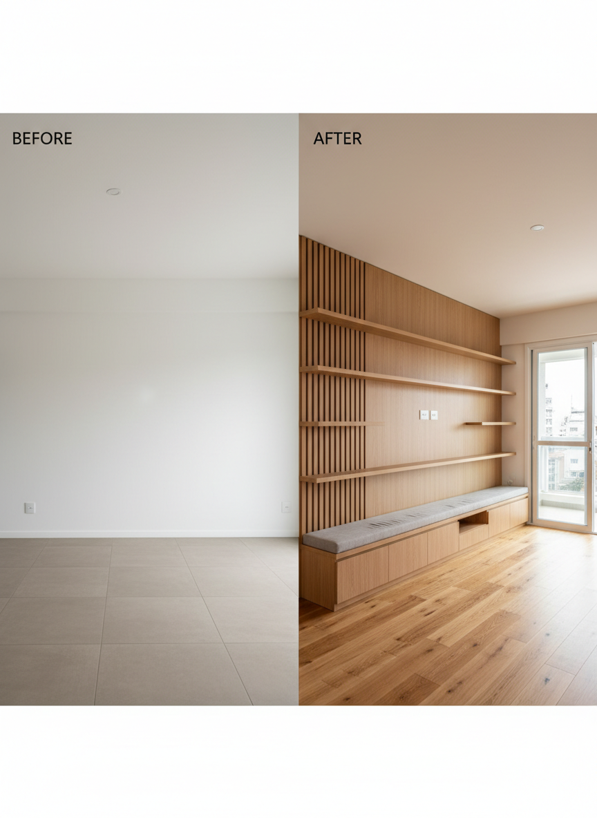 A compelling before-and-after composition of a small Florianópolis apartment living area transformed by custom woodwork. On the left, a plain, empty white wall and basic tile floor, neutrally lit, photographed in a straightforward, documentary style. On the right, the same view after renovation: continuous warm hardwood flooring, a wall-to-wall bespoke TV panel in light oak with integrated slatted sections, floating shelves, and closed cabinets, plus a discreet built-in bench with under-seat storage. Clean, natural daylight from a balcony door illuminates the upgraded space, bringing out the wood grain and sharp lines. Photographic realism with a carefully aligned, tripod-stable eye-level perspective to underline the precision of the transformation. The mood highlights professional planning, clear improvement, and the value of custom carpentry from project to execution.