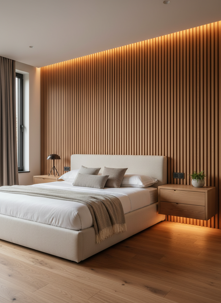 A luxurious custom bedroom interior featuring a made-to-measure wooden headboard wall that extends from floor to ceiling, composed of rhythmic vertical slats in warm-toned oak with precise spacing and flawless finishing. Integrated floating nightstands with handleless drawers and recessed niche lighting are built into the same panel system, resting on smooth custom hardwood flooring that matches the tones of the wall. Soft, diffused early-evening light enters from a side window, complemented by hidden LED strips behind the headboard that create a gentle glow and emphasize depth between the slats. Photographic realism at an eye-level, slightly angled composition that captures the full width of the feature wall. The mood is serene, refined, and meticulously designed, conveying the expertise of a civil engineer and woodworker working together in one professional.