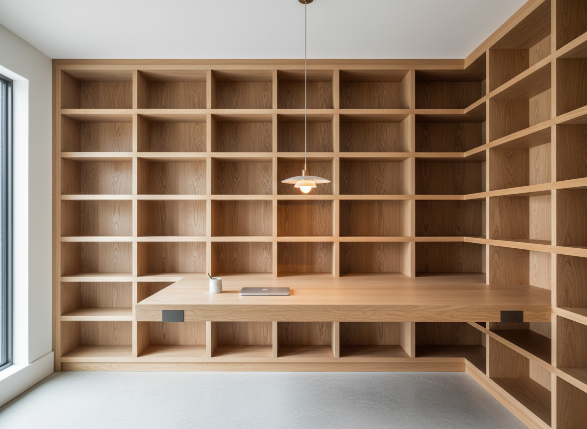 A custom-designed home office with full-height built-in wooden shelving and a tailored desk system, emphasizing precise civil-engineering-level detailing. The back wall is entirely covered with light ash wood shelves of varying heights, integrated vertical supports, and hidden mounting, all with beautifully aligned grain and clean edges. A floating desk in matching wood seems to emerge from the shelves, supported by discreet, robust brackets. Natural, diffused daylight from a side window mixes with a warm, minimalist pendant, creating soft highlights along the shelf fronts and subtle shadows beneath. Photographic realism from an eye-level, wide-angle perspective, capturing the whole wall and custom flooring in a single composition. The atmosphere is organized, calm, and productive, emphasizing bespoke planning and flawless woodworking execution.