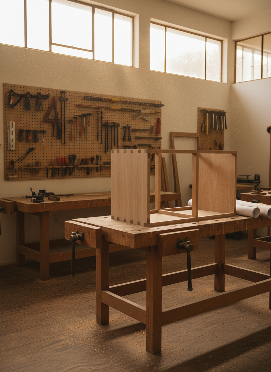 An artisan woodworking workshop in Florianópolis, shown as a clean, organized space focused on professional tools and precise joinery rather than people. Sturdy wooden workbenches in solid beech stand on a durable, slightly worn plywood floor, with clamps, chisels, and measuring tools neatly arranged on a pegboard wall. On the central bench lies an unfinished piece of custom furniture: a cabinet carcase in light maple with exposed dovetail joints and perfectly cut mortise and tenon connections. Golden late-afternoon light filters through high workshop windows, creating dramatic shafts of light and gentle dust motes in the air, while side lighting emphasizes the crisp edges of the joinery. Photographic realism, captured from a slightly low angle to make the workpiece feel monumental and highlight the relationship between design plans rolled up nearby and the emerging wooden structure.